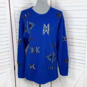 Vintage 80s New York Aspects Native Beaded Silk Angora Tunic Sweater Blue Medium